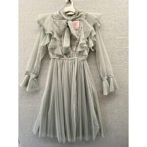 Chicwish Dress Womens Small Sage Gray Lace Ruffle Mesh Coquette Fairy Bow Midi